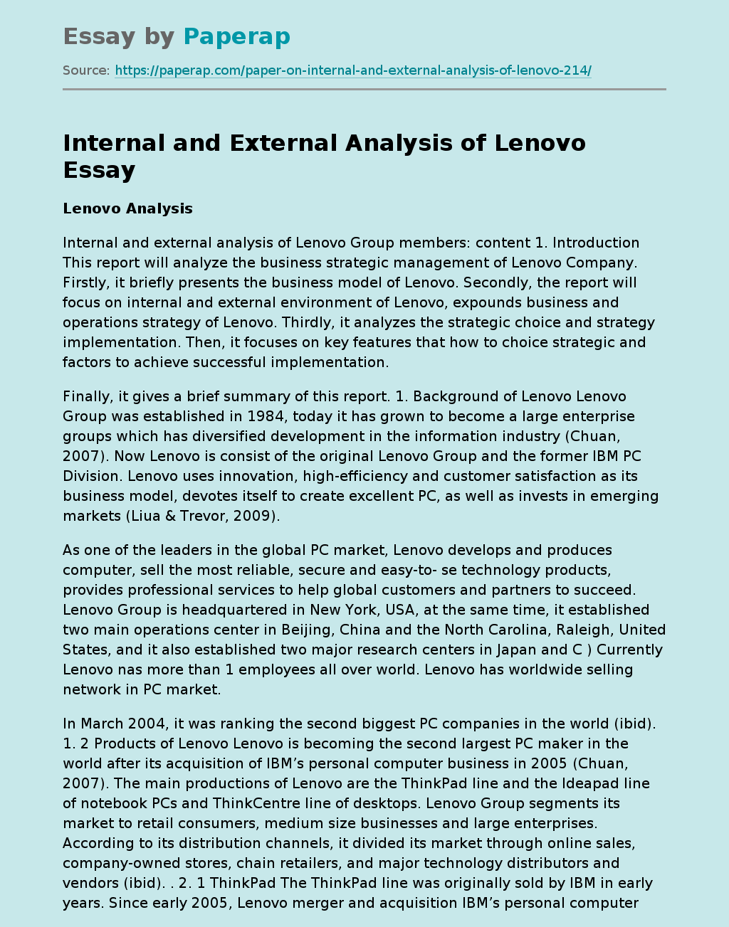 Internal and External Analysis of Lenovo
