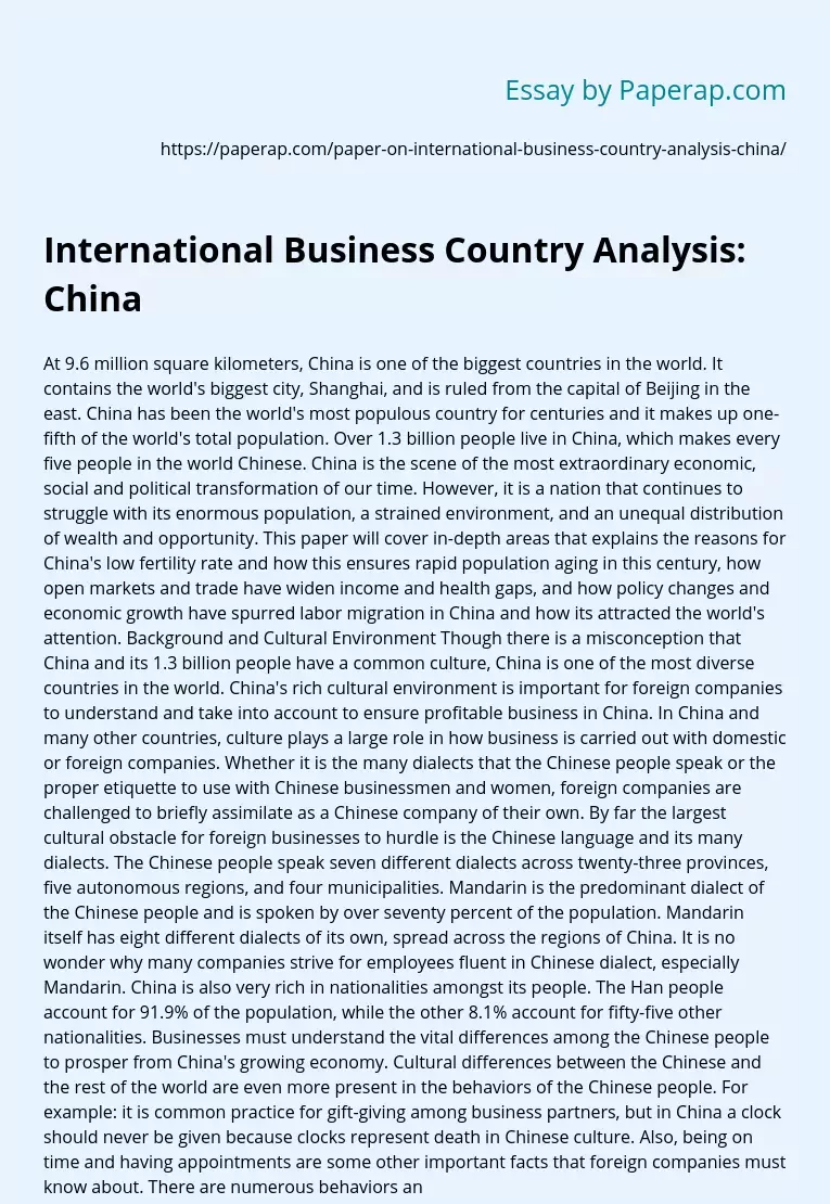 International Business Country Analysis: China