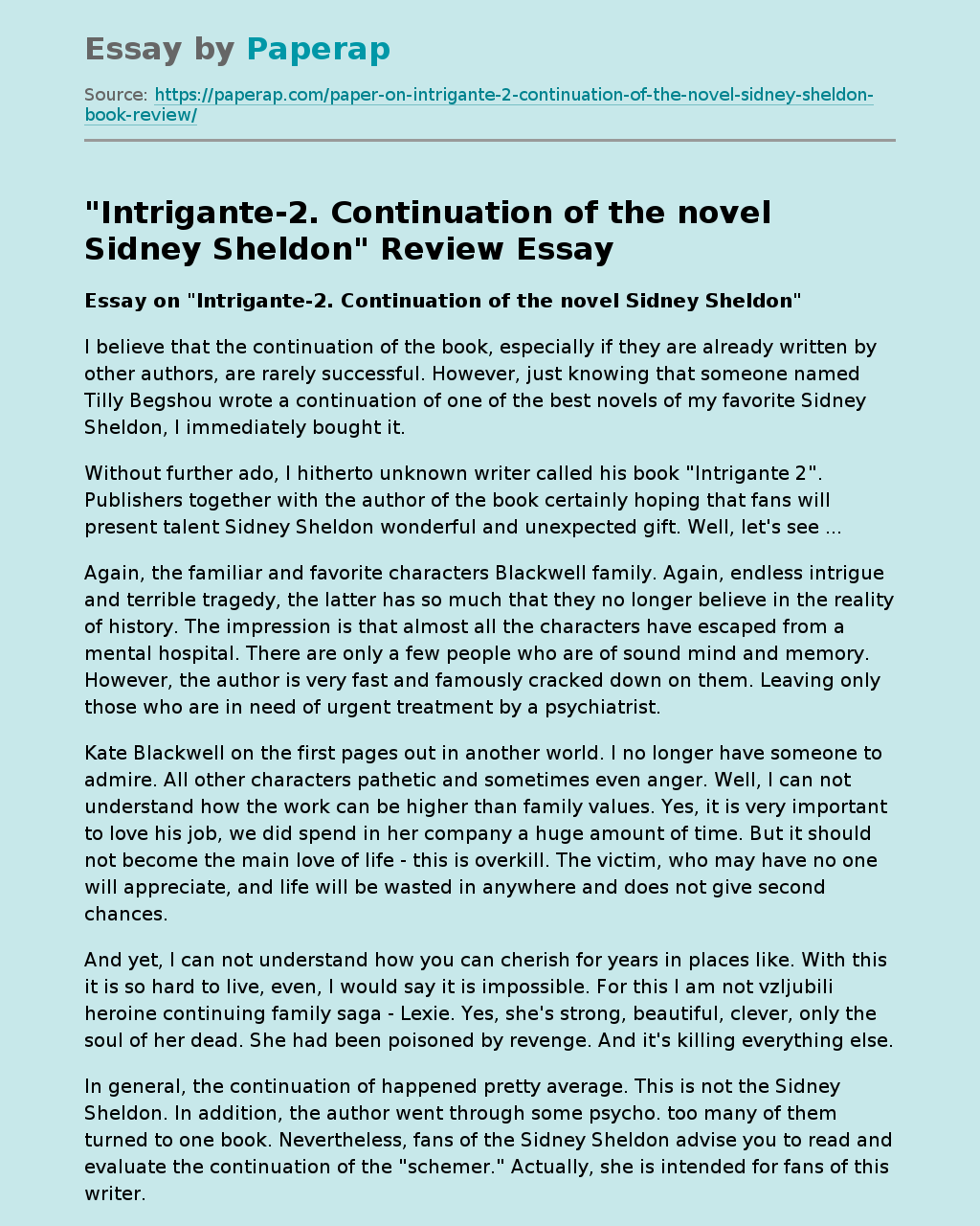"Intrigante-2. Continuation of the novel Sidney Sheldon" Review