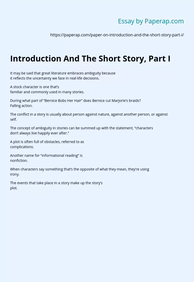 Introduction And The Short Story, Part I