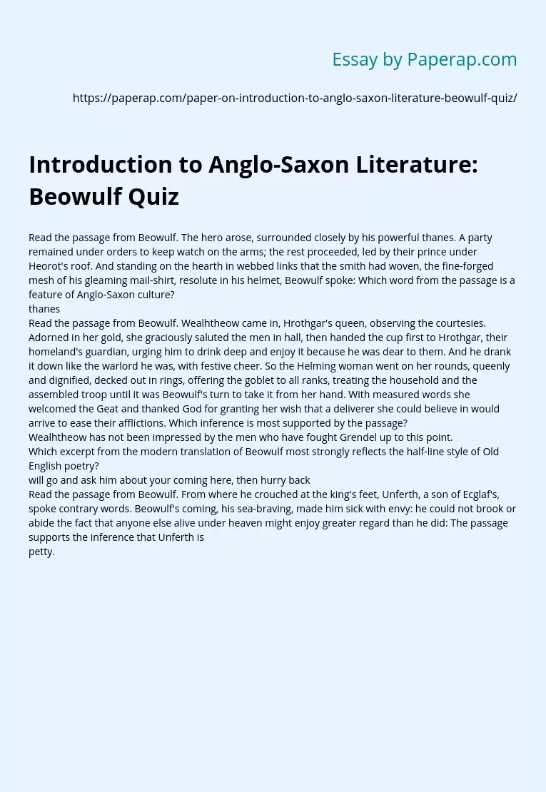 Introduction to Anglo-Saxon Literature: Beowulf Quiz