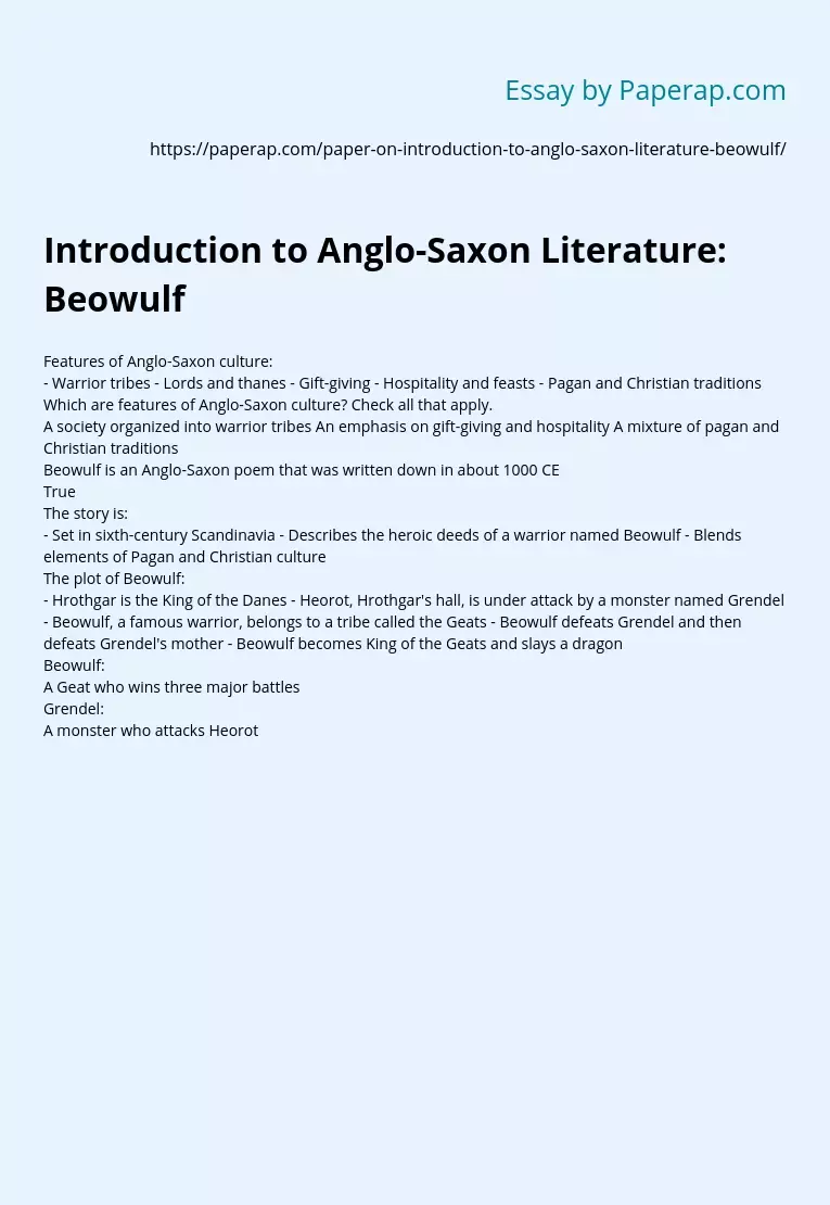 Introduction to Anglo-Saxon Literature: Beowulf