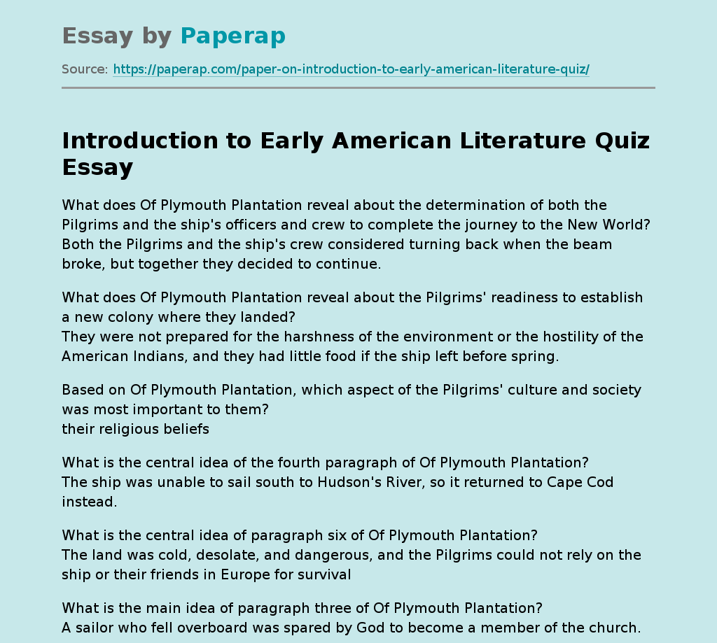 Introduction to Early American Literature Quiz
