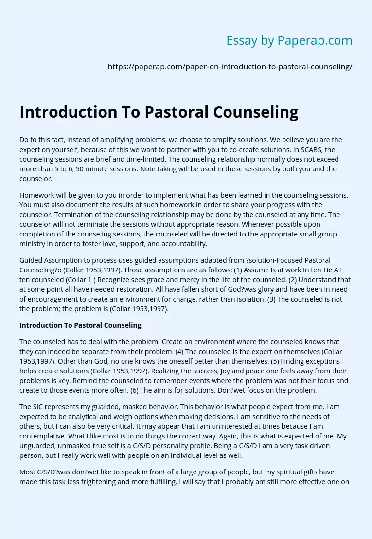 Introduction To Pastoral Counseling
