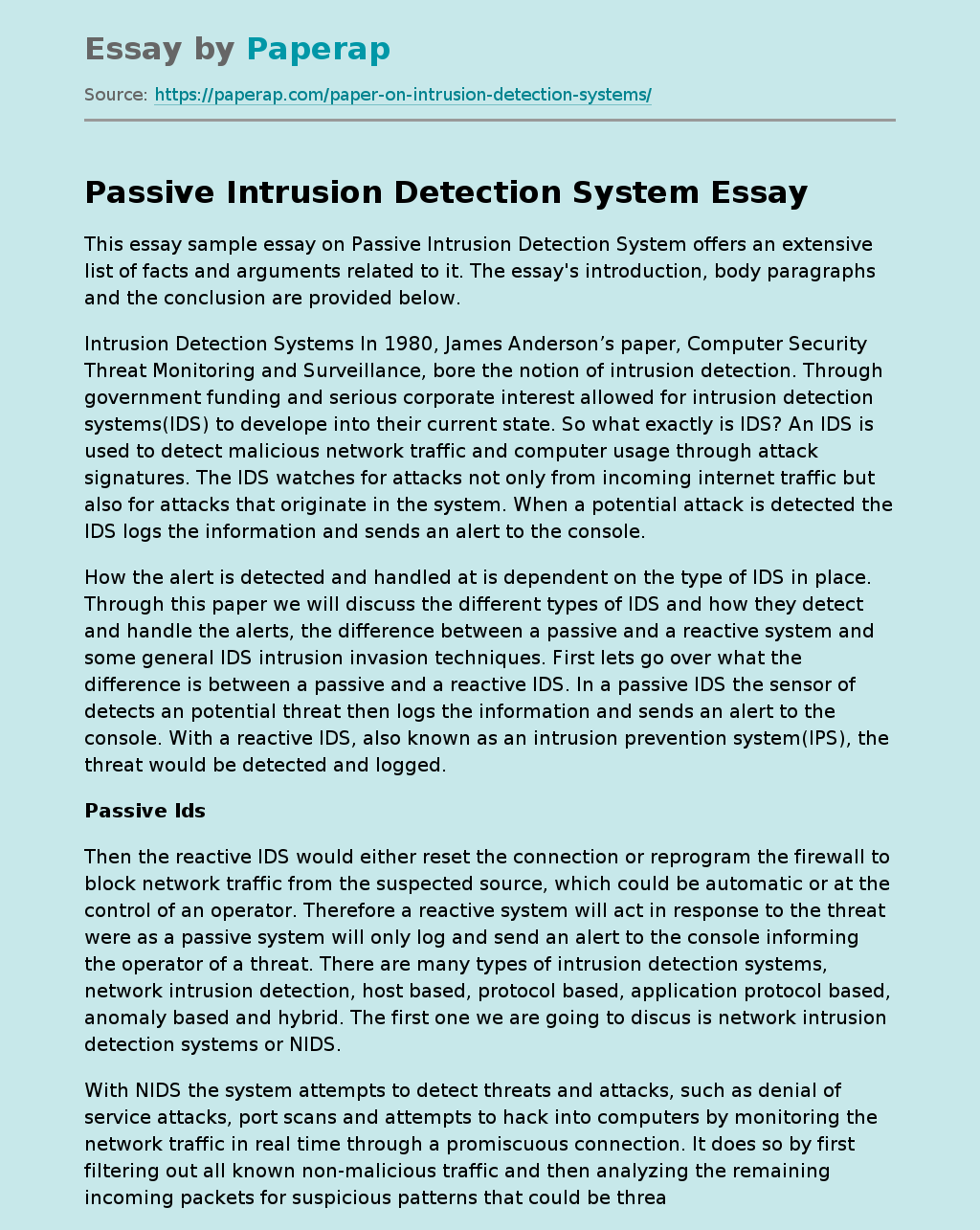 Passive Intrusion Detection System