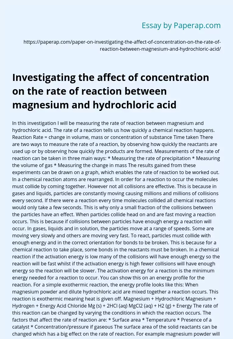 Concentration's effect on Mg and HCl reaction rate
