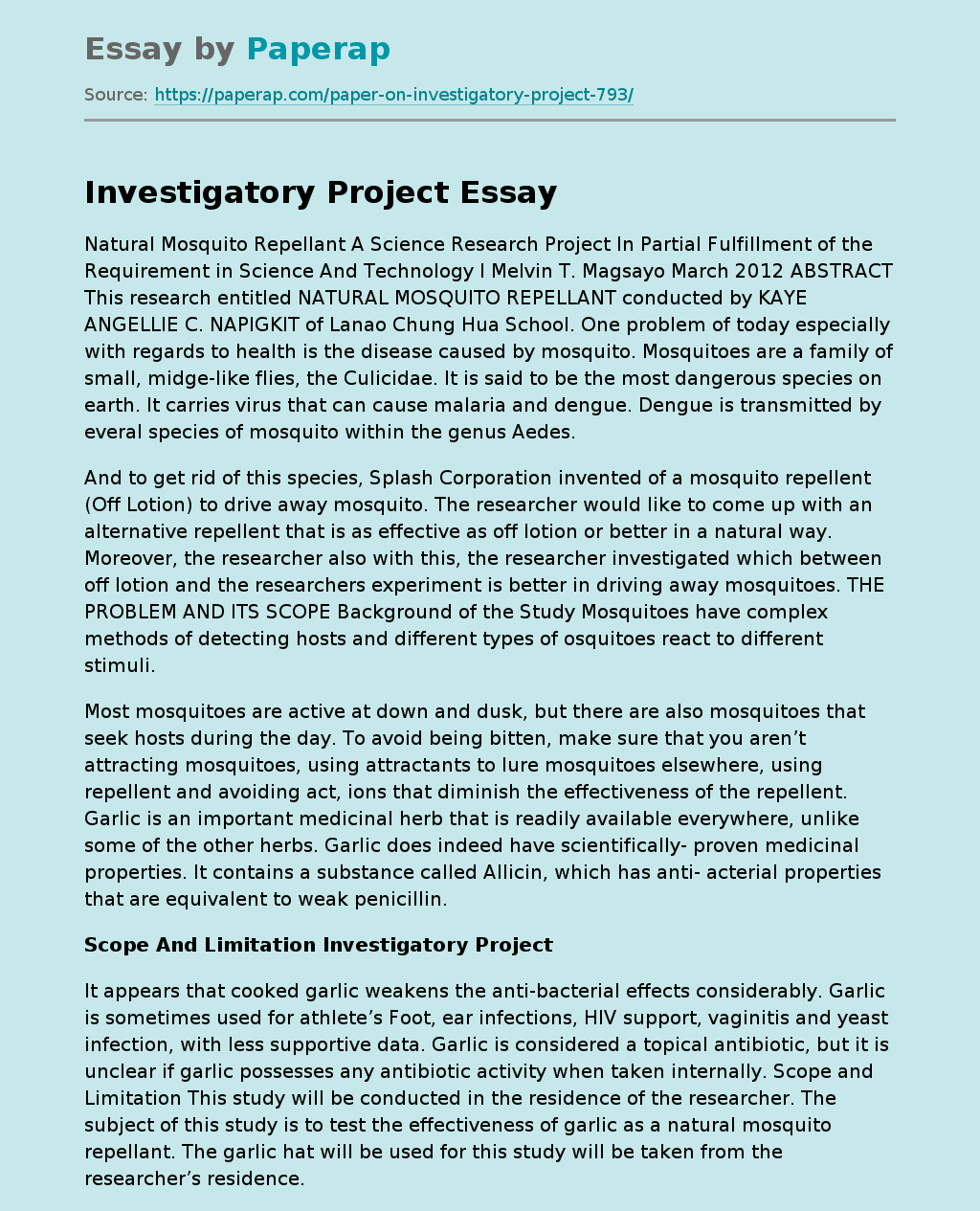 example of investigatory project research paper