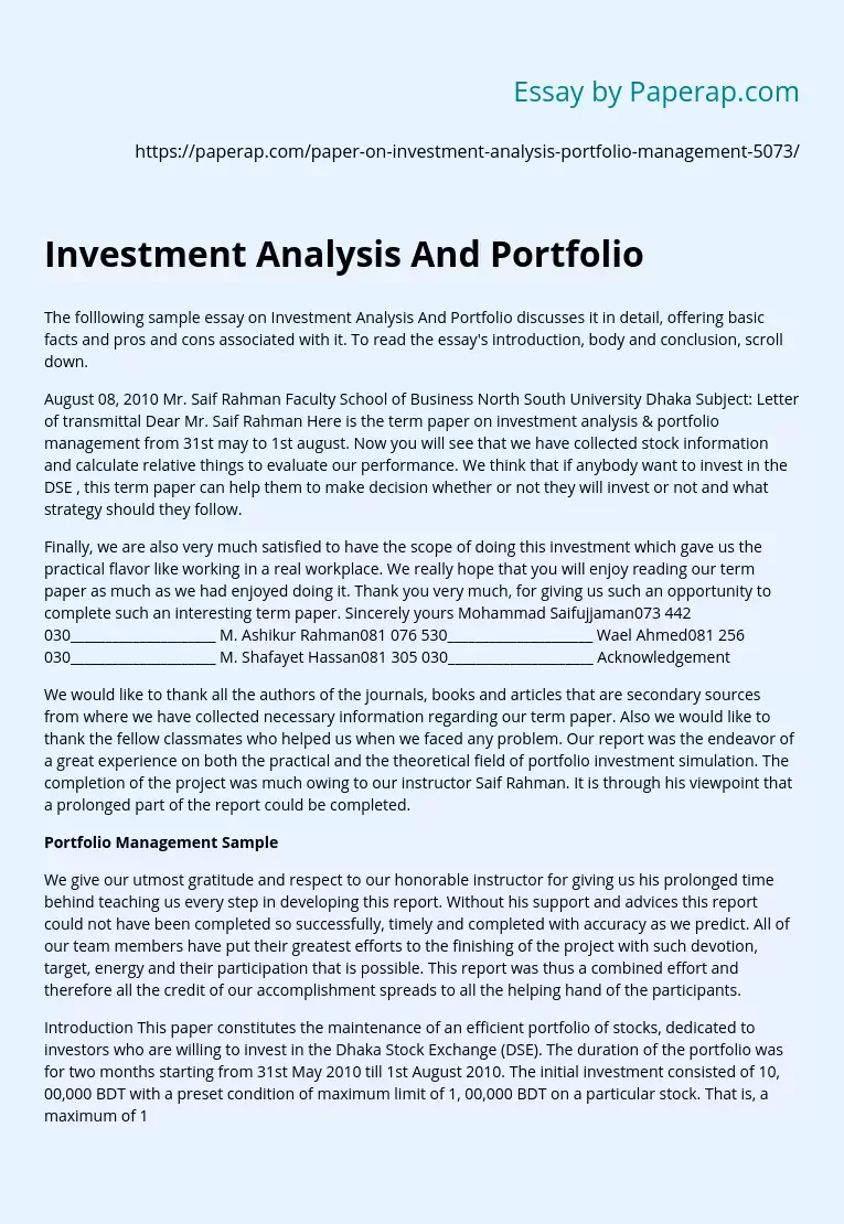 Investment Analysis And Portfolio