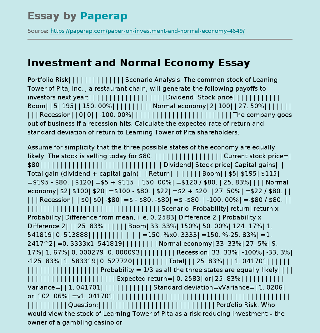 Investment and Normal Economy