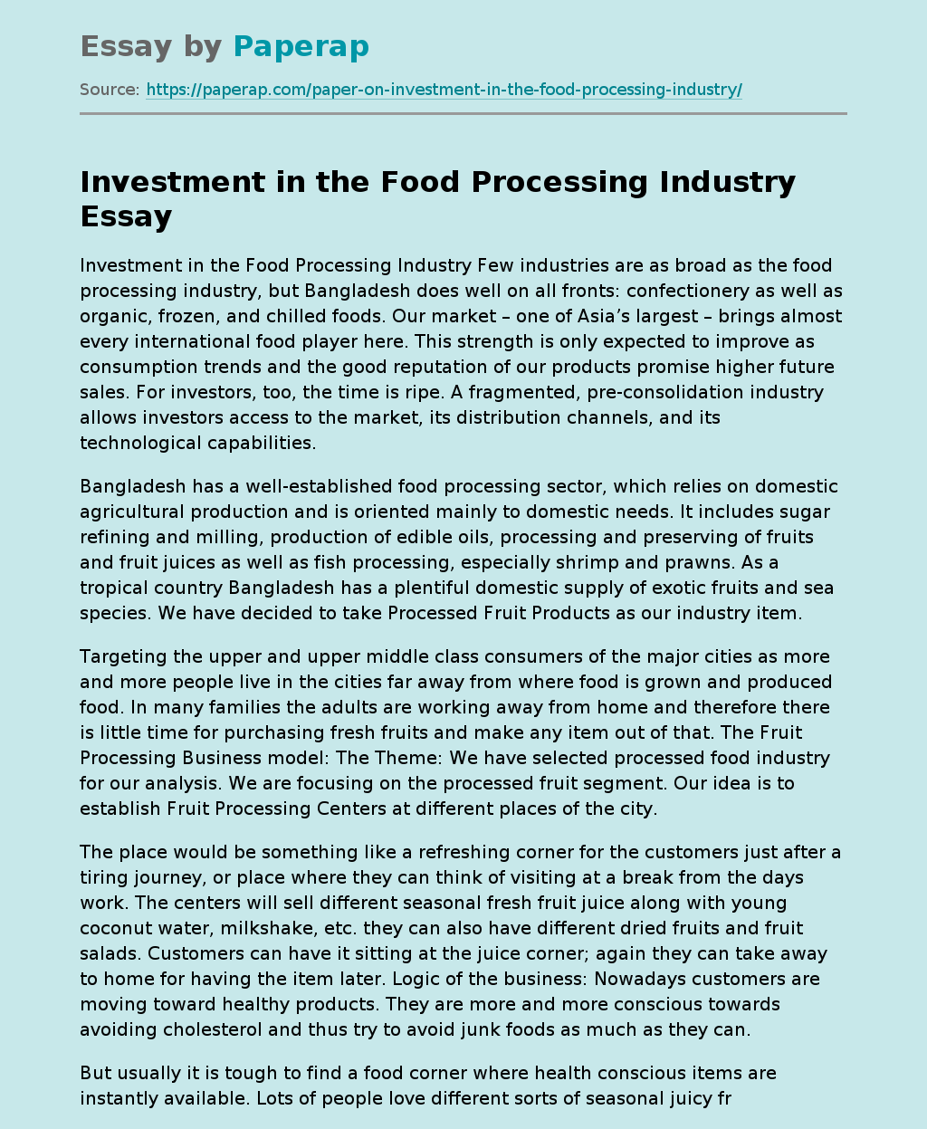 Investment in the Food Processing Industry