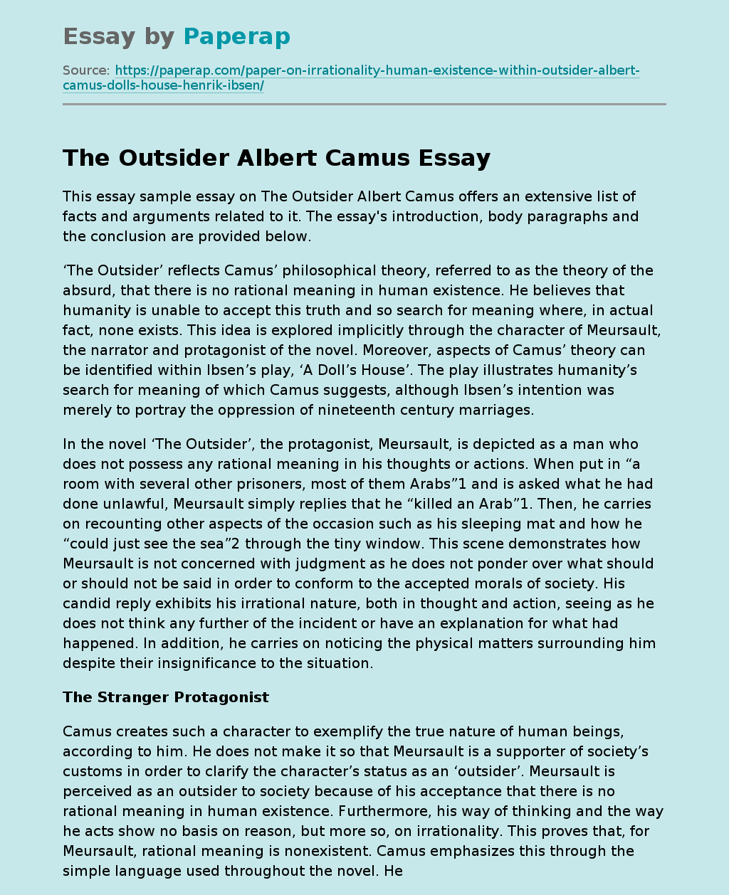albert camus the outsider essay