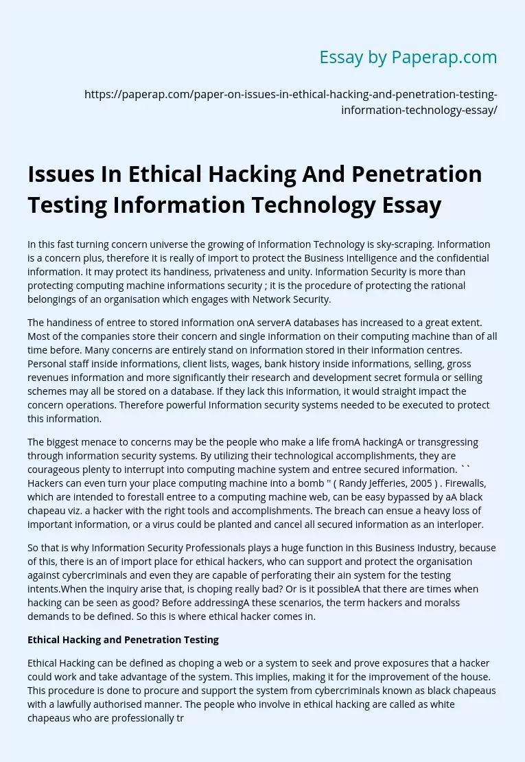 Issues In Ethical Hacking And Penetration Testing Information Technology Essay