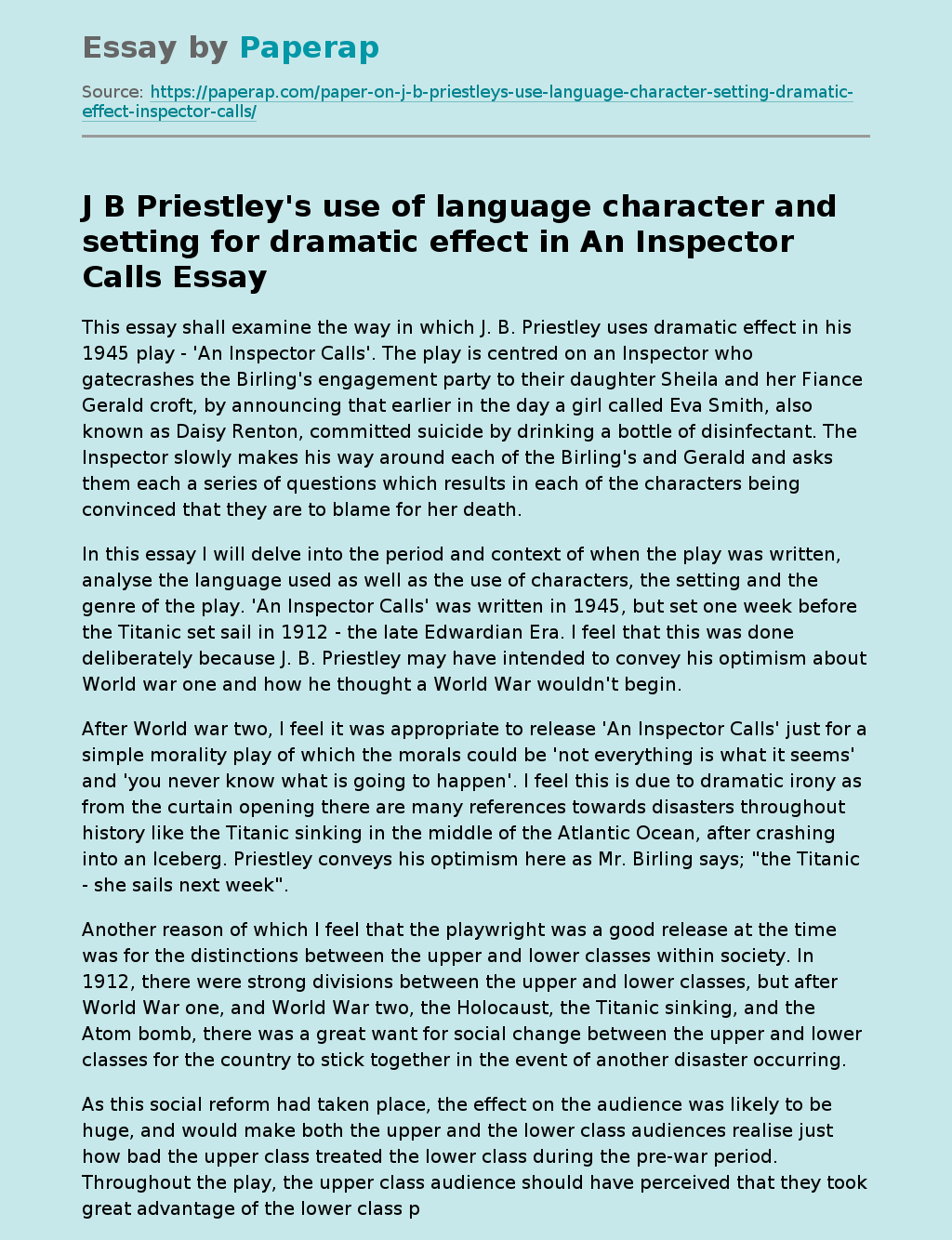 Priestley's Language, Character & Setting in An Inspector Calls