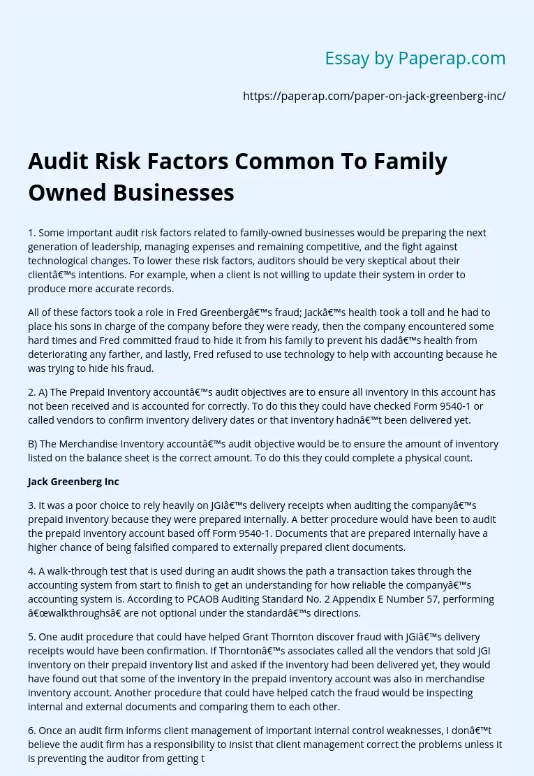 Audit Risk Factors Common To Family Owned Businesses