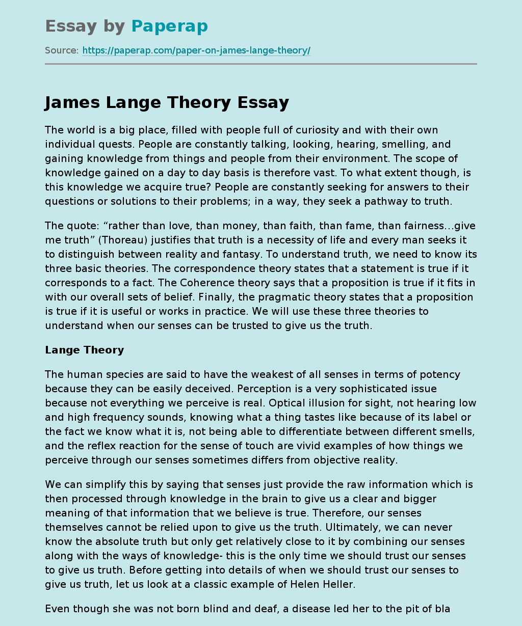Hypothesis About the Origin and Nature of Emotions by James Lange