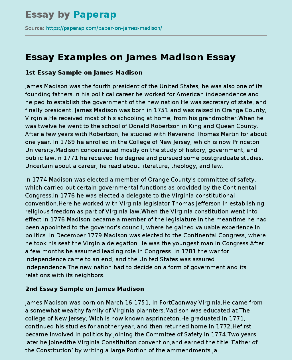 Essay Examples on James Madison