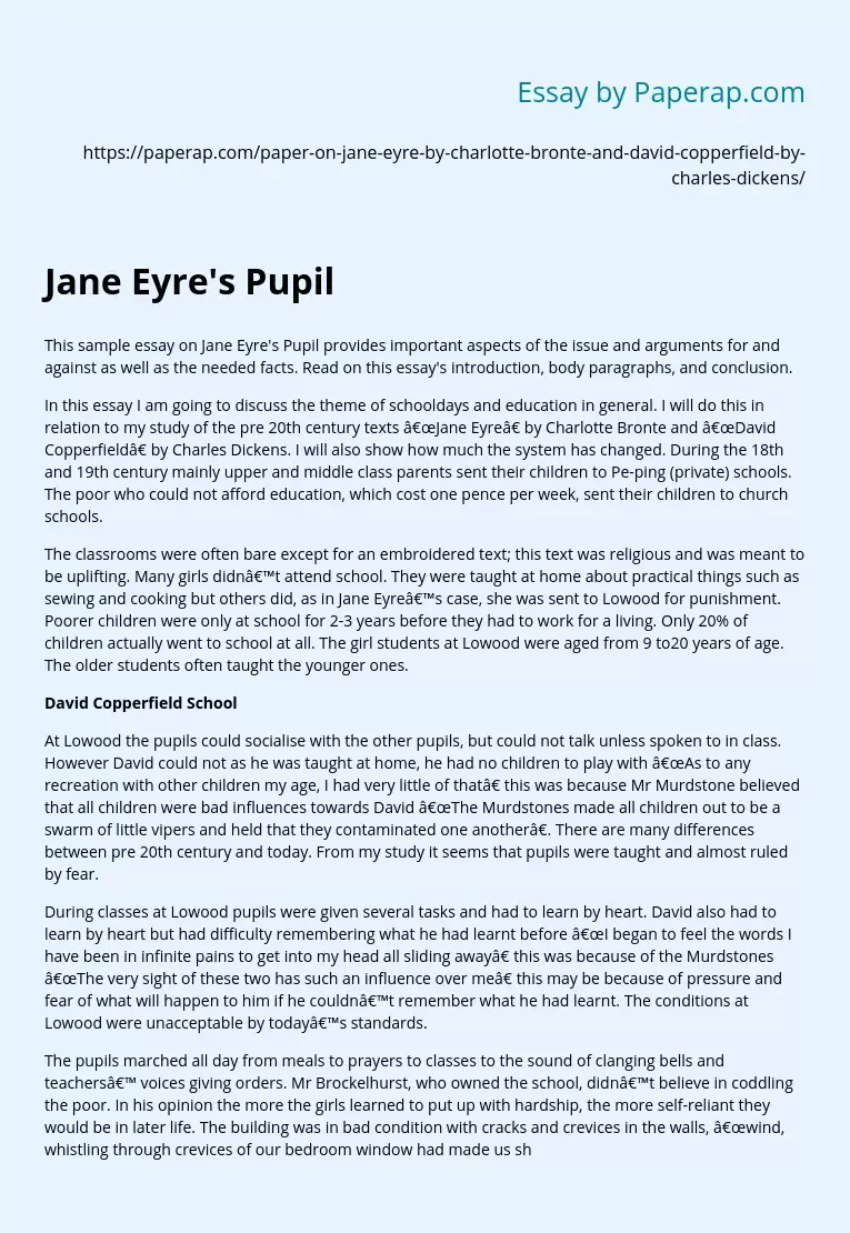 Sample Essay on Jane Eyre’s Pupil