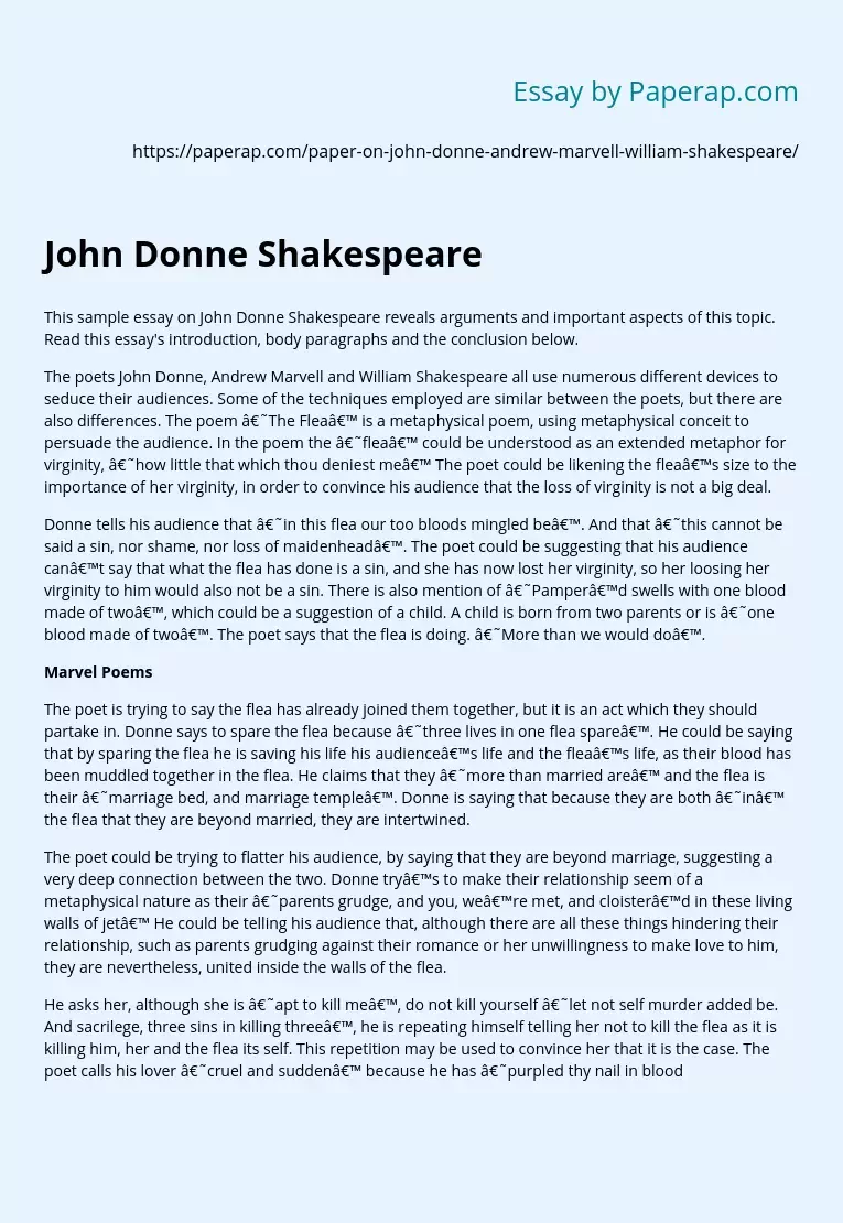 Sample Essay on John Donne Shakespeare