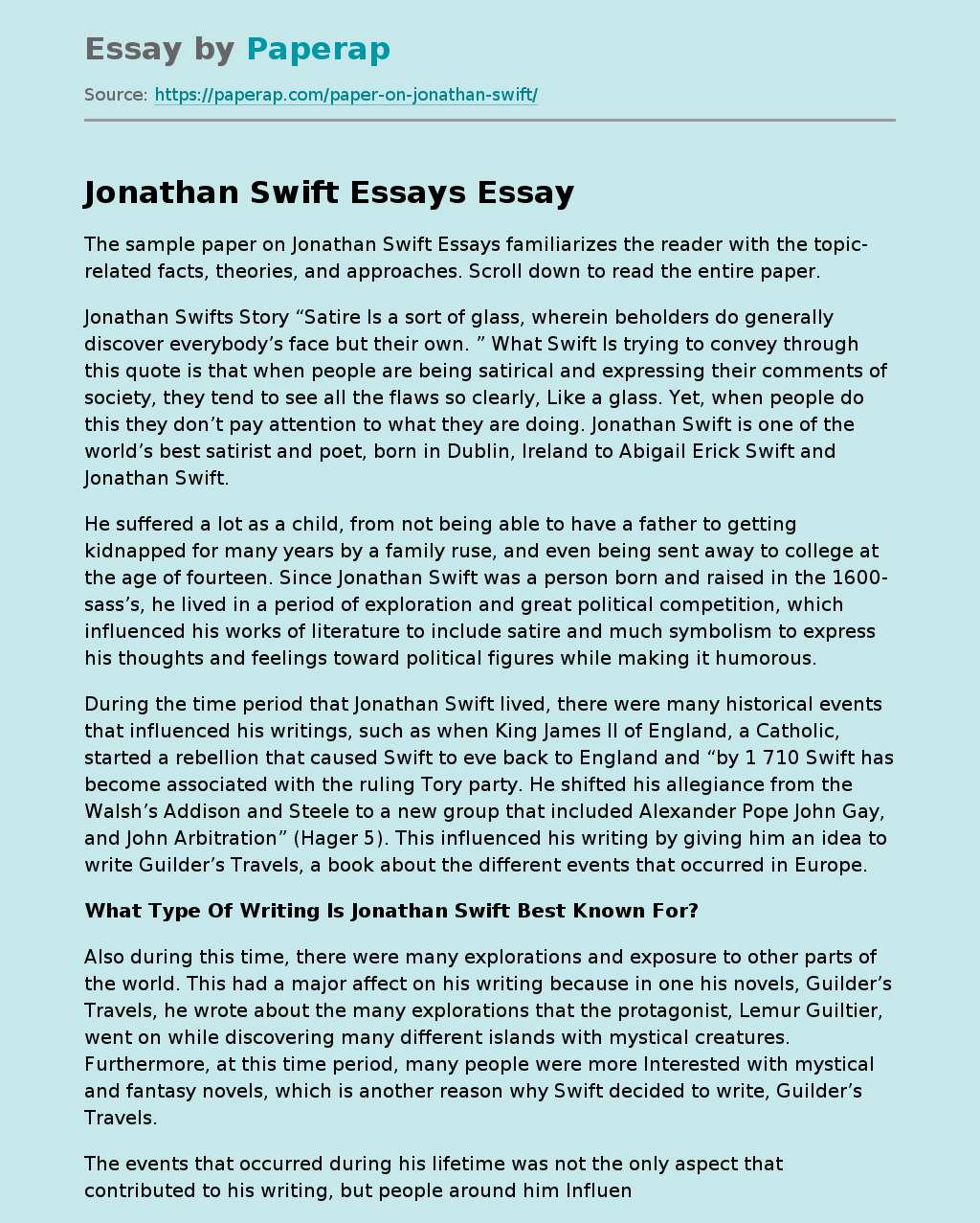 Sample Paper on Jonathan Swift Essays