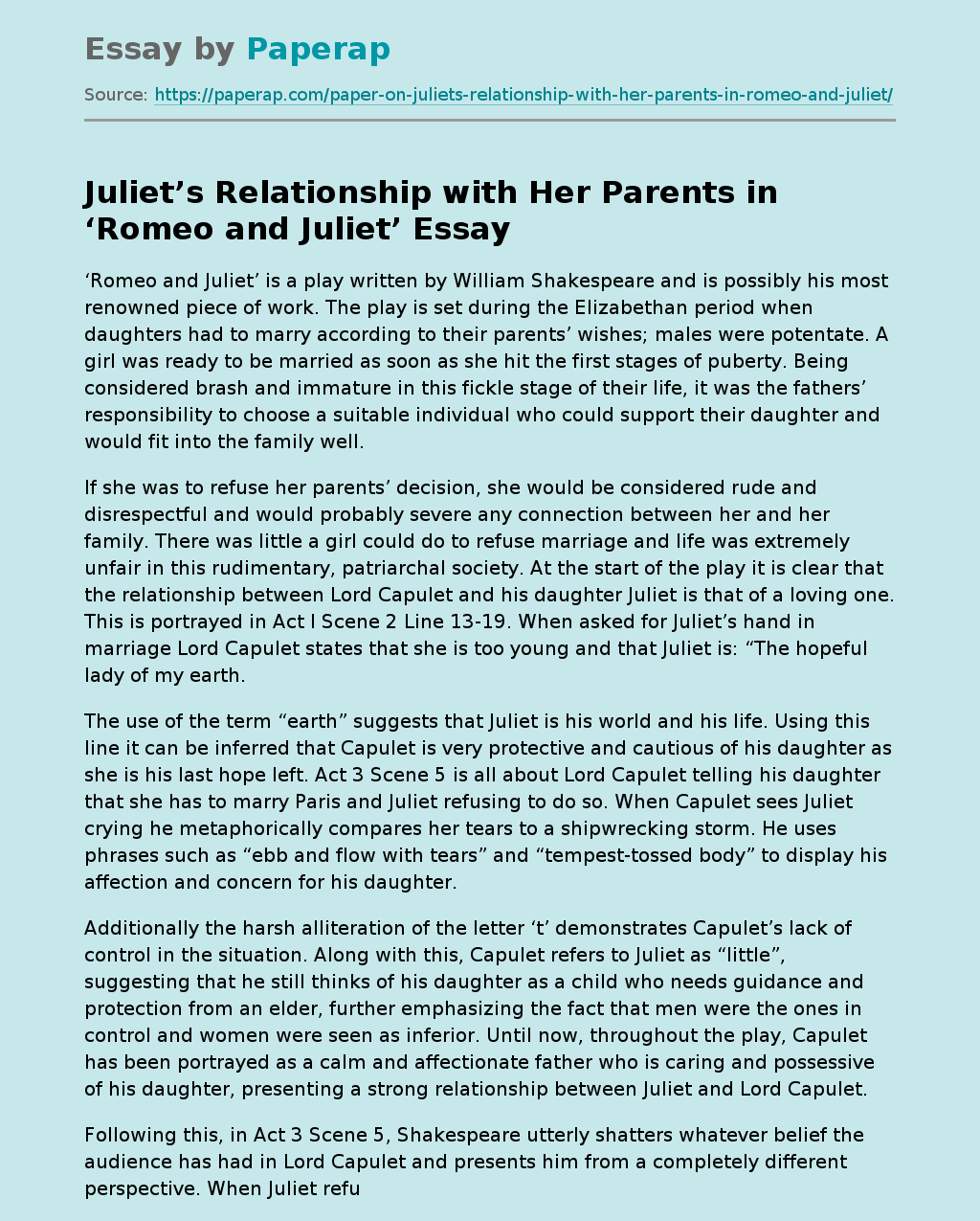 Juliet’s Relationship with Her Parents in ‘Romeo and Juliet’