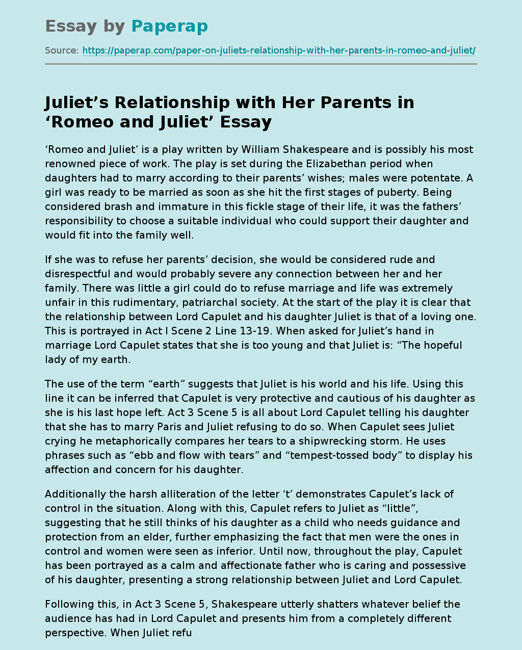 juliet's relationship with her parents essay