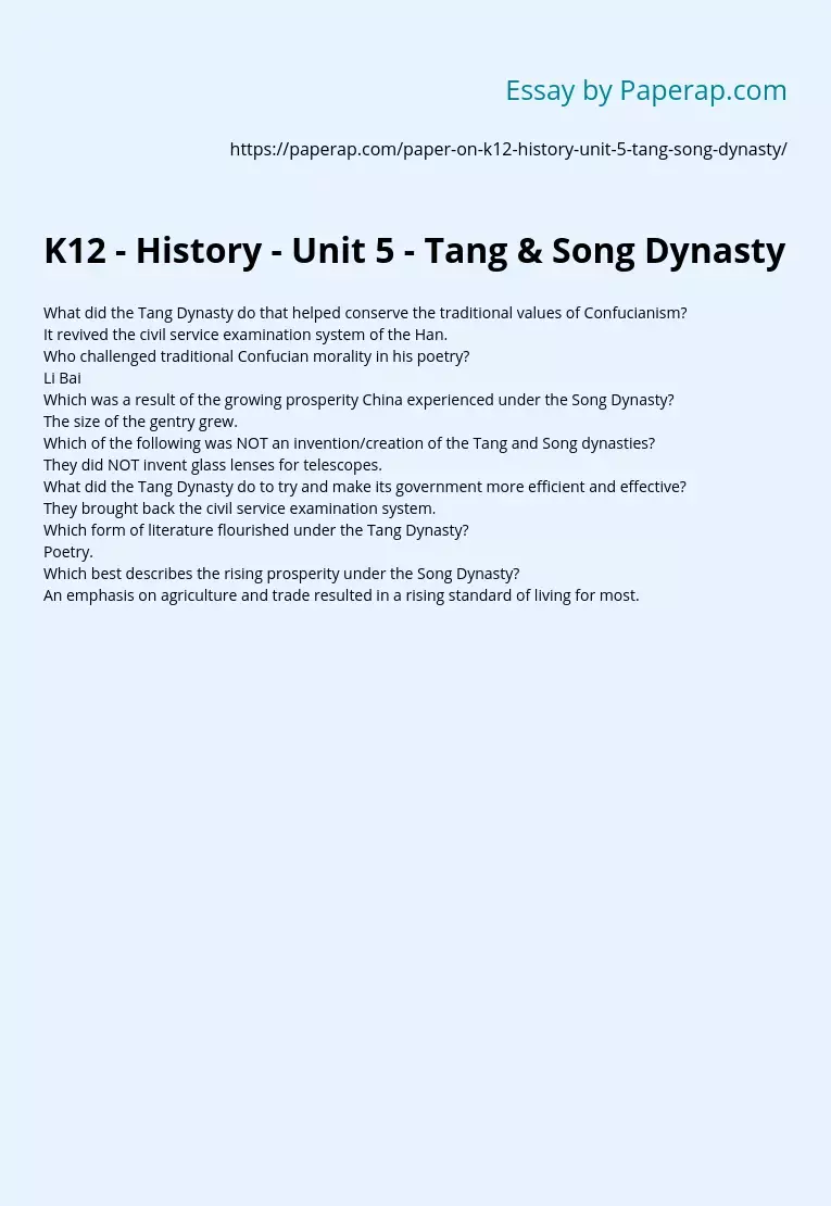K12 - History - Unit 5 - Tang &amp; Song Dynasty