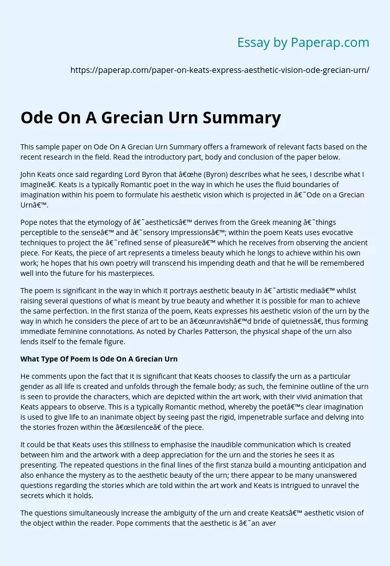 Ode On A Grecian Urn Summary