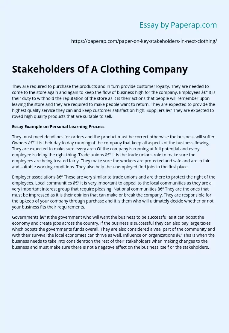 Stakeholders Of A Clothing Company