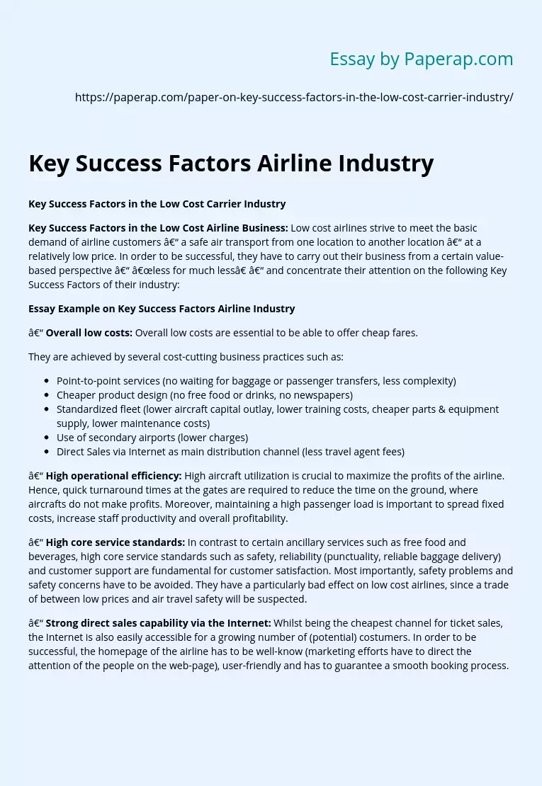 Key Success Factors Airline Industry