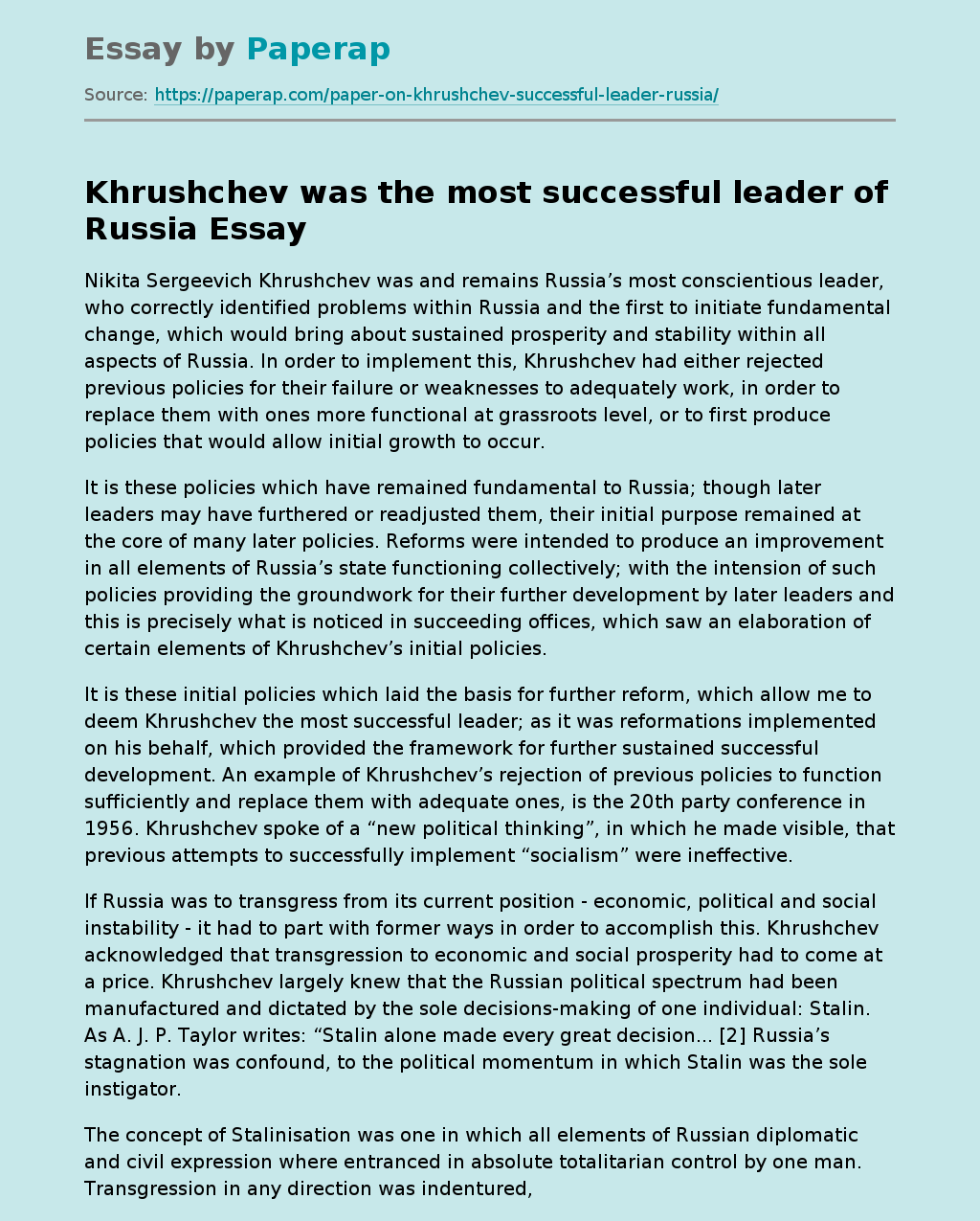 Khrushchev was the most successful leader of Russia