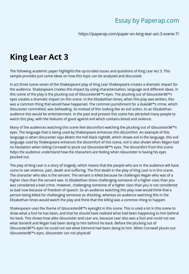 King Lear Act 3 Scene 7 Issues and Questions