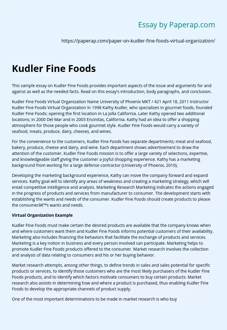 Sample Essay on Kudler Fine Foods