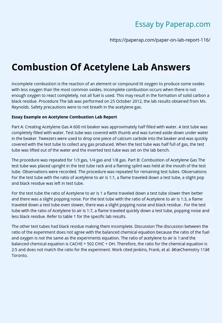 Combustion Of Acetylene Lab Answers