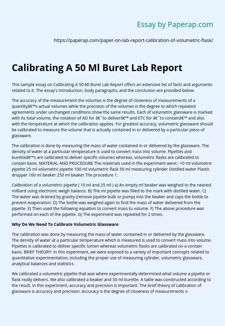 Calibrating A 50 Ml Buret Lab Report