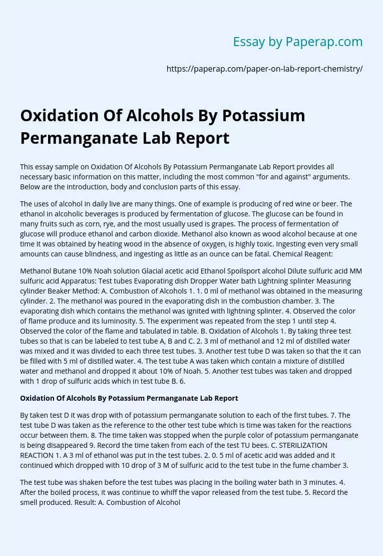 Oxidation Of Alcohols By Potassium Permanganate Lab Report
