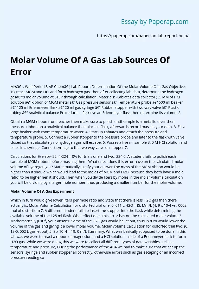 Molar Volume Of A Gas Experiment