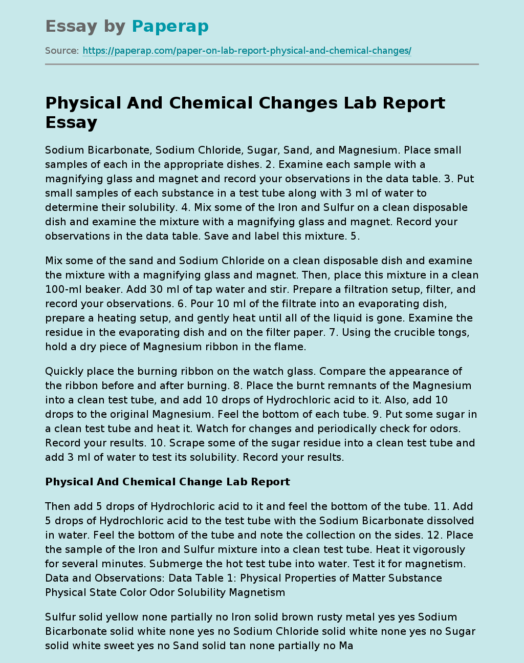 Physical And Chemical Changes Lab Report