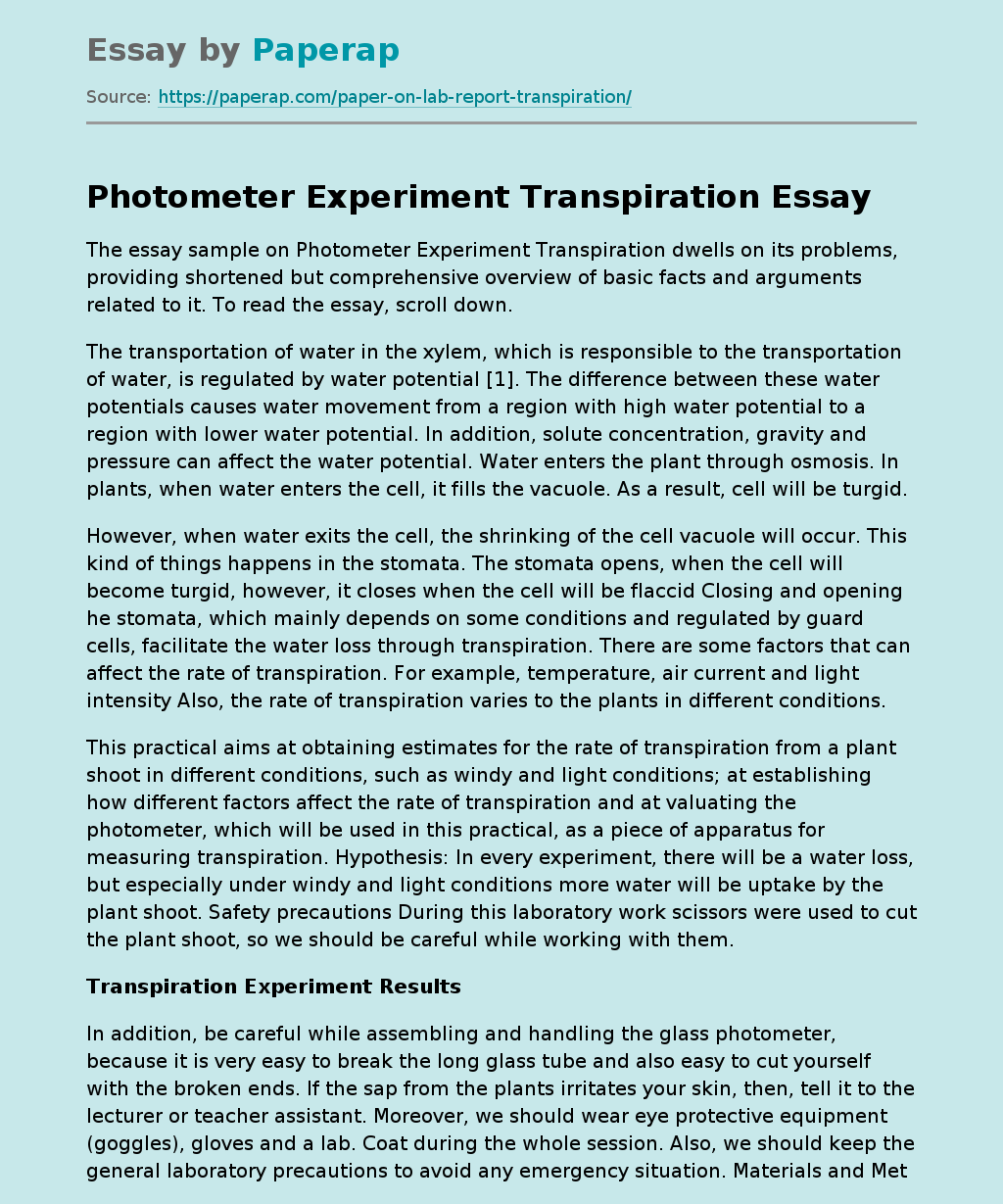 Photometer Experiment Transpiration