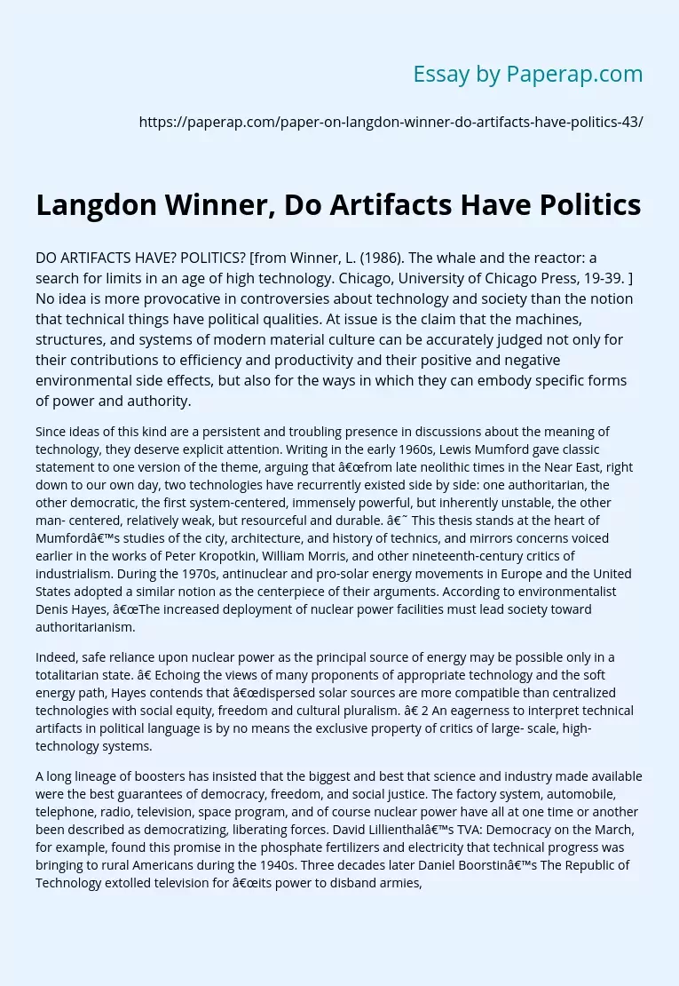 Langdon Winner, Do Artifacts Have Politics