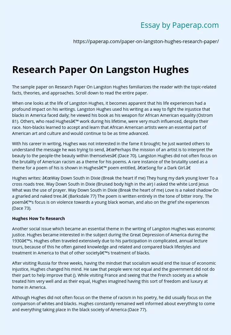 Research Paper On Langston Hughes