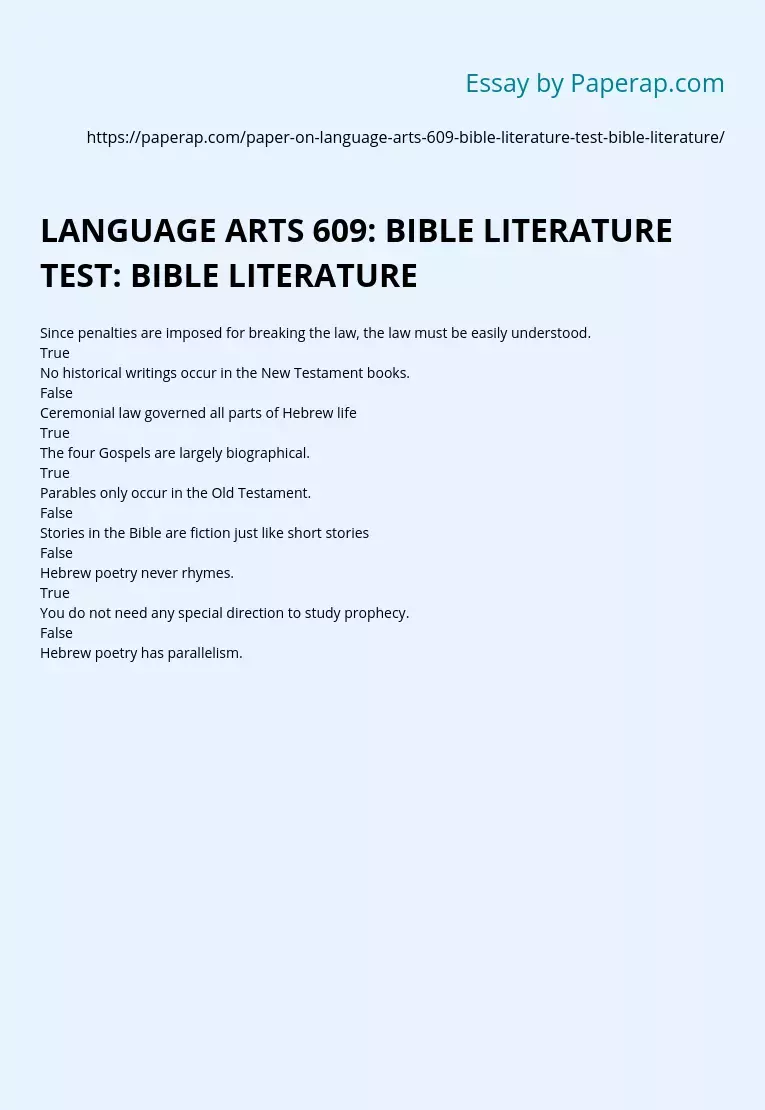 LANGUAGE ARTS 609: BIBLE LITERATURE TEST: BIBLE LITERATURE