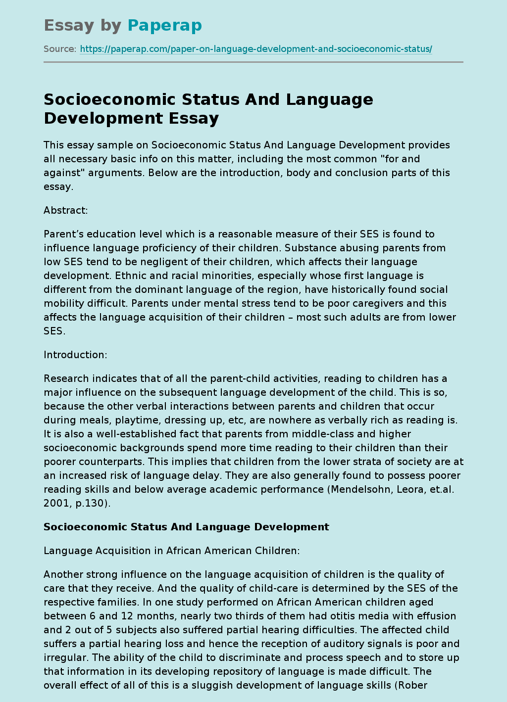 Socioeconomic Status And Language Development