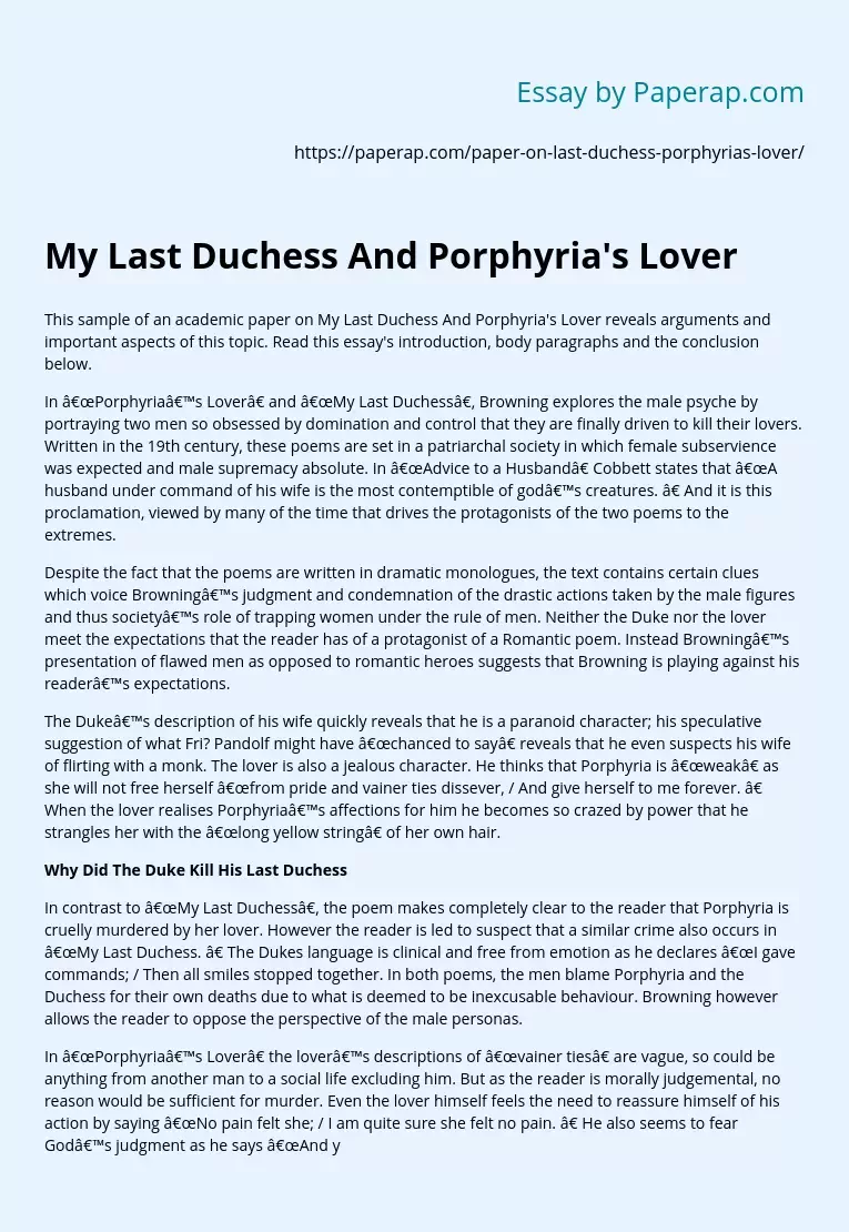 My Last Duchess And Porphyria's Lover
