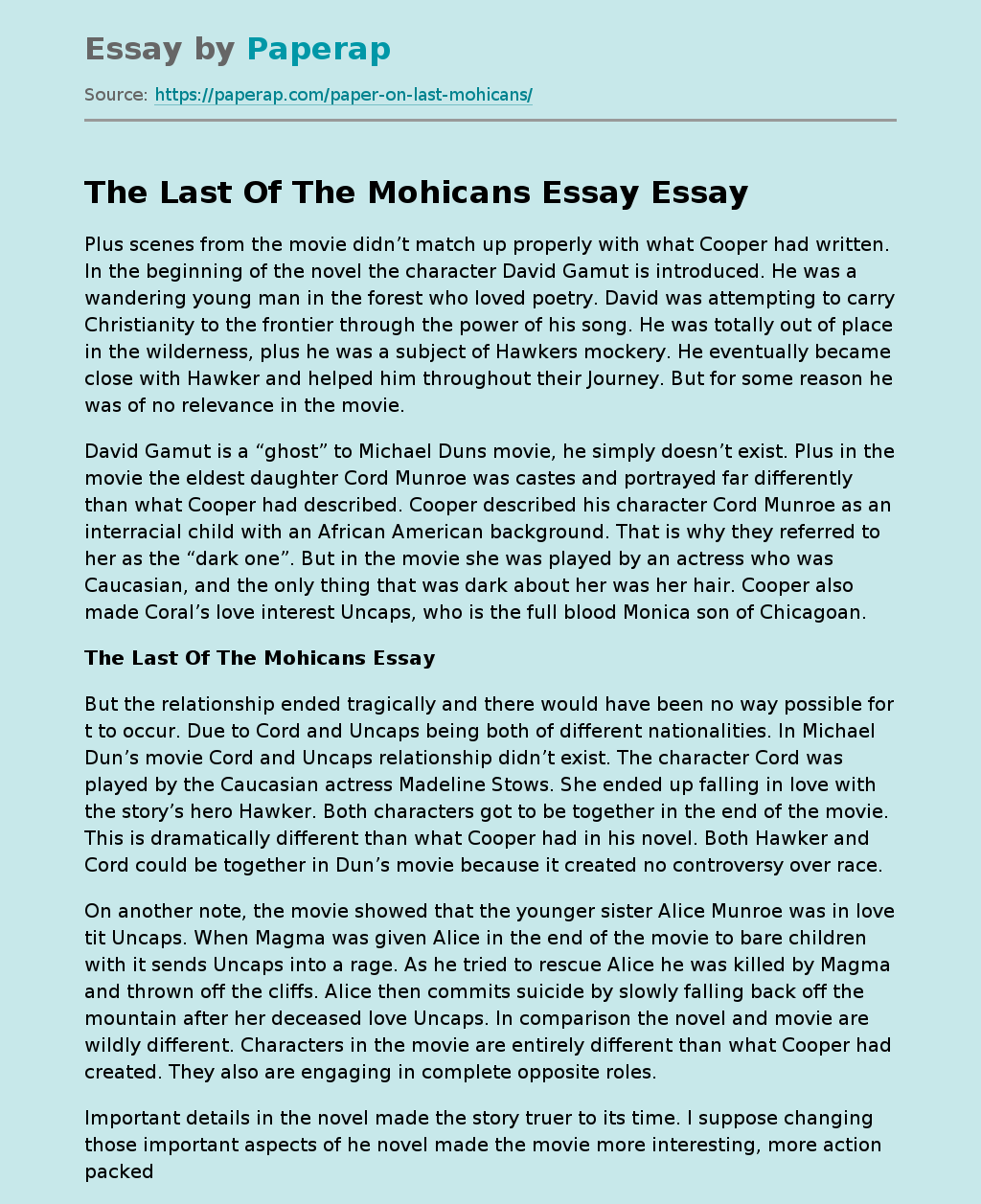 The Last Of The Mohicans Essay