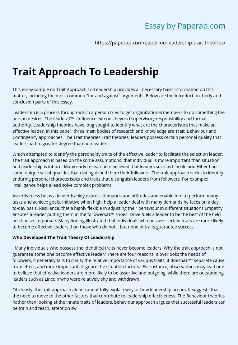 Trait Approach To Leadership
