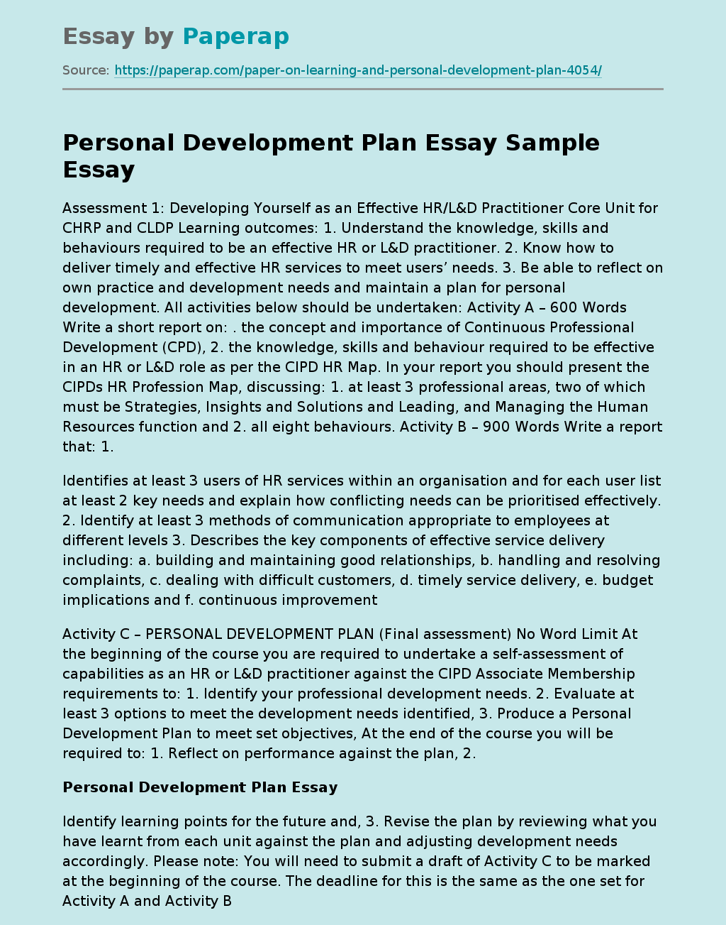 Personal Development Plan Essay Sample