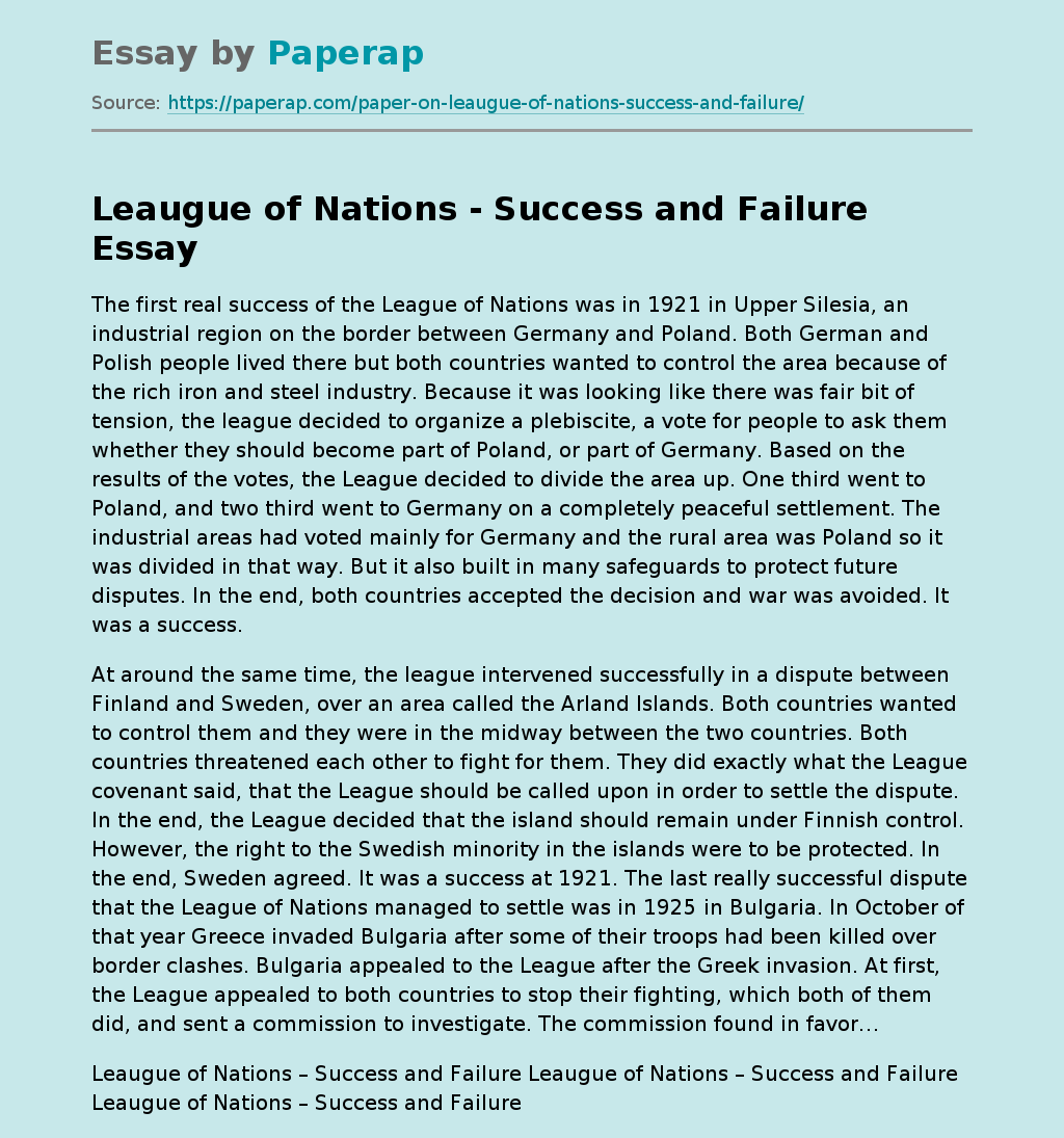 Leaugue of Nations - Success and Failure