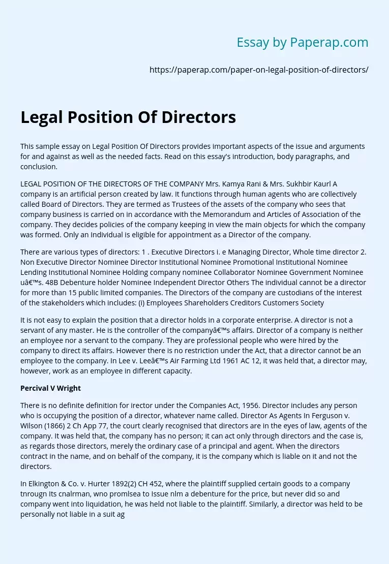 Legal Position Of Directors