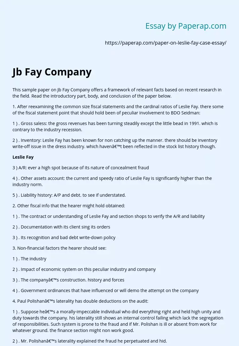 This Sample Paper on JB Fay Company
