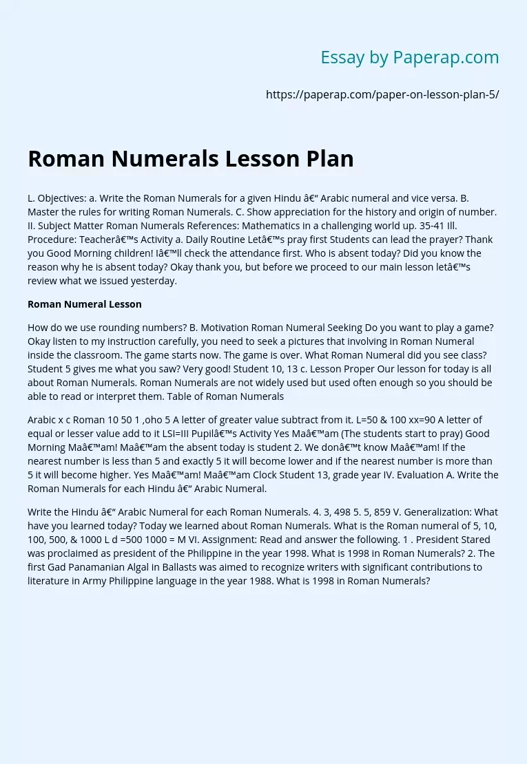 Roman Numerals Lesson Plan
